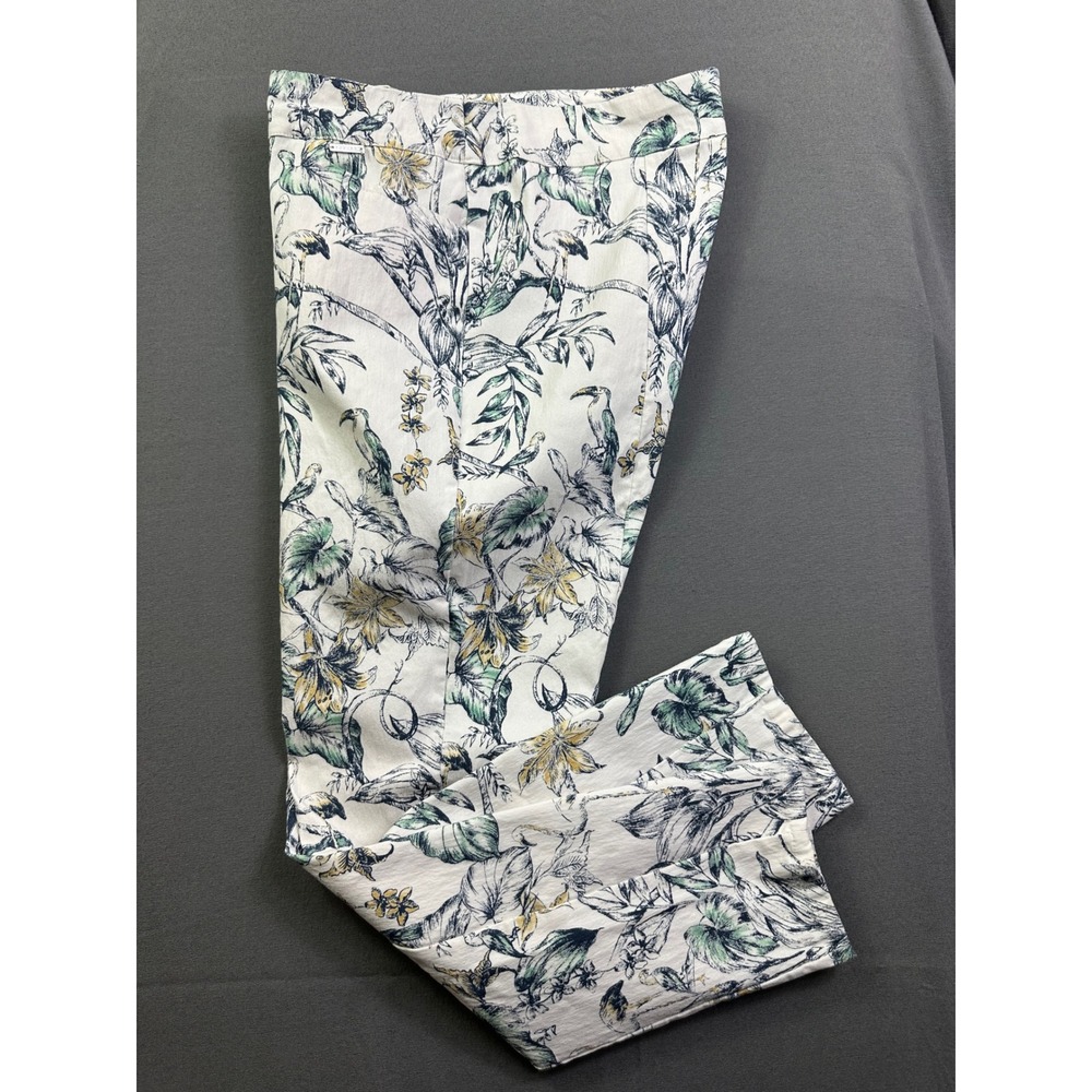 Tahari Women Tropical Bird Floral Print Ankle Pants White Green Stretch L Large